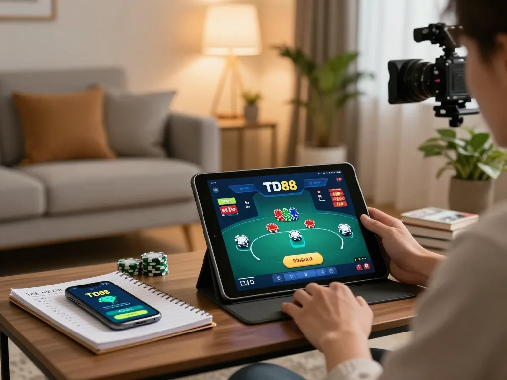 Engage with TD88 bet on a tablet in a cozy home environment while reviewing betting strategies.