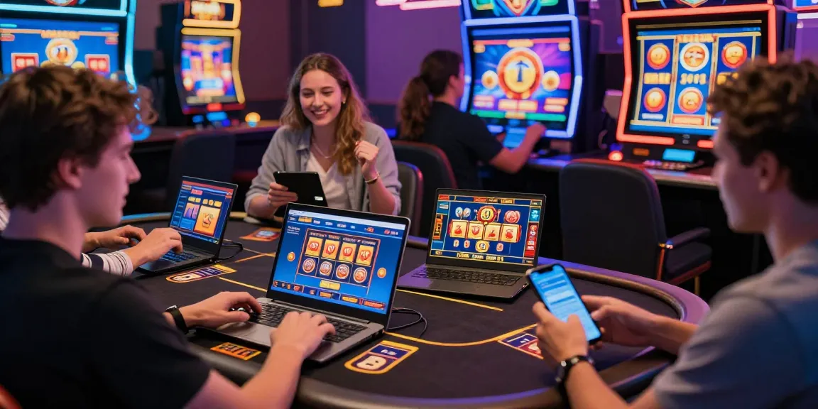 Players enjoying new online casino sites on smartphones and laptops in a vibrant gaming environment.