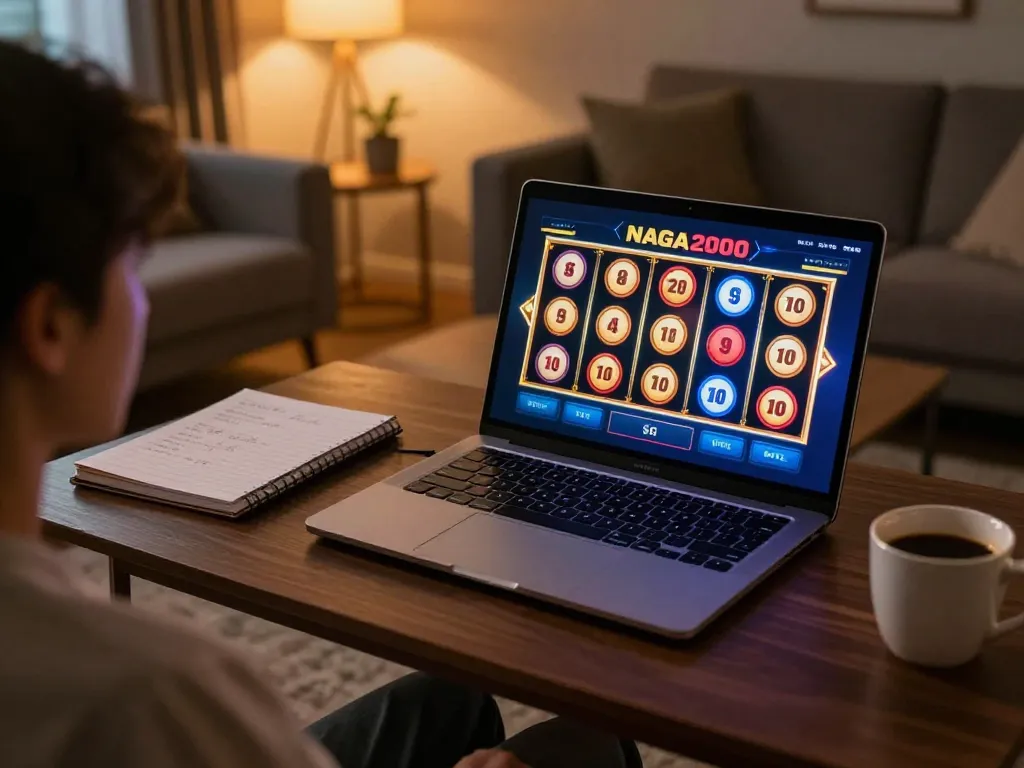 NAGA2000 SLOT gaming on a laptop in a cozy home setting, inviting and strategic atmosphere.