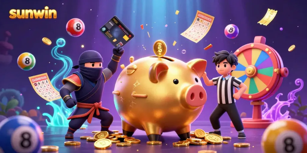 Experience thrilling moments at sunwin with golden piggy banks and dynamic casino elements.