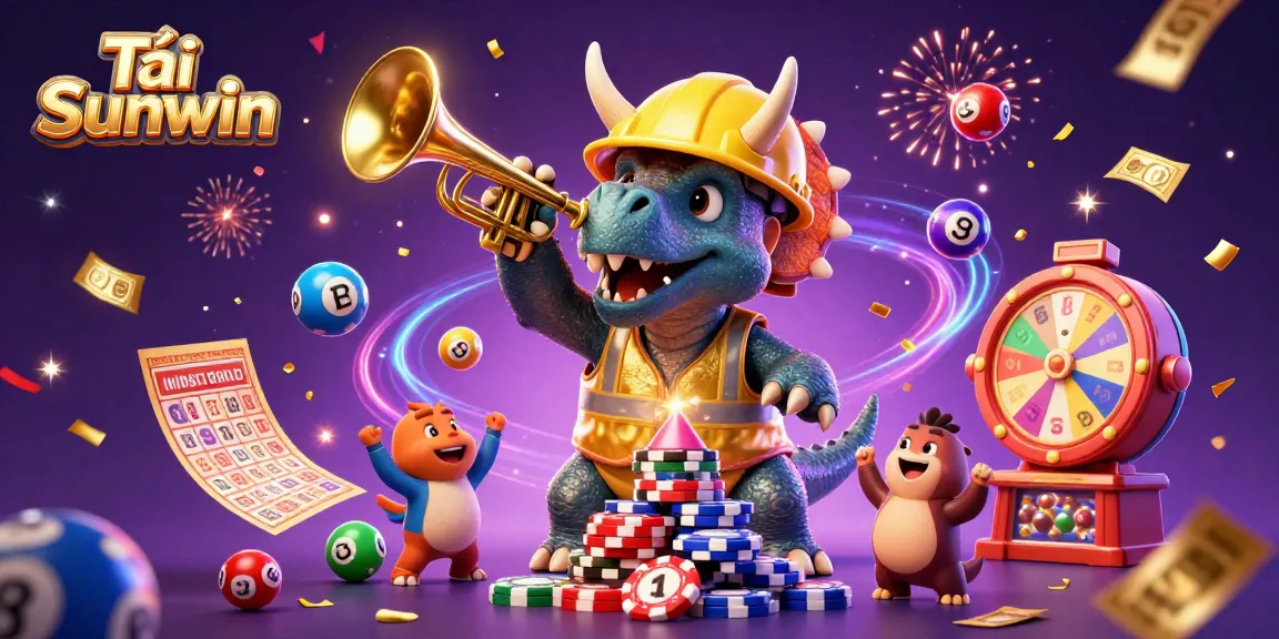 Tải Sunwin in a 3D illustration showing a triceratops and a parasaurolophus celebrating with game elements in a vibrant casino atmosphere.