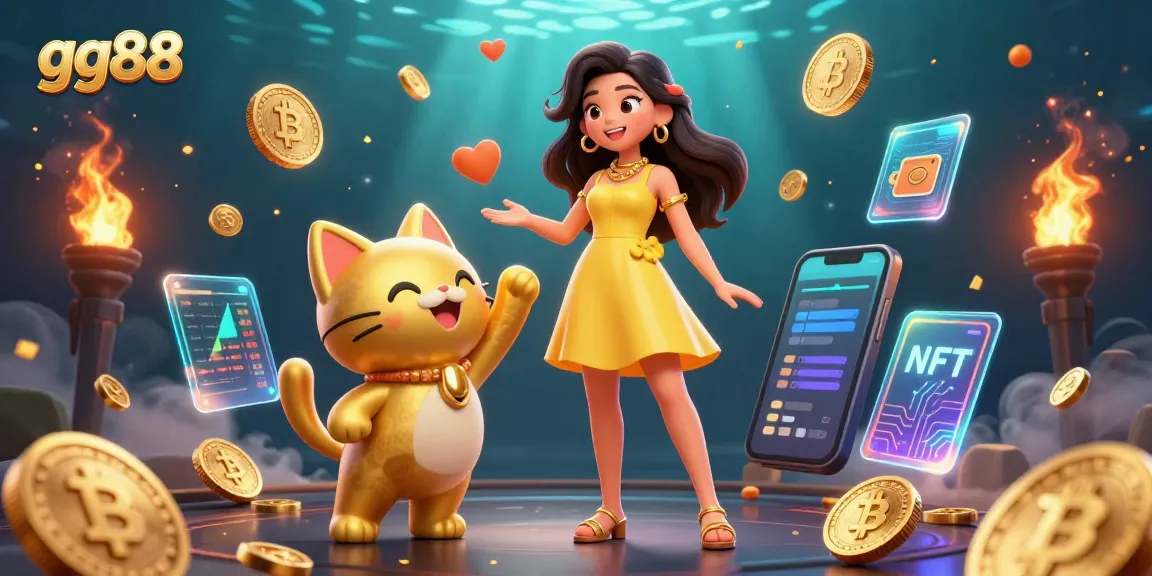 Experience the thrill of gg88 casino with a cheerful Asian woman and a lucky cat mascot surrounded by digital treasures.