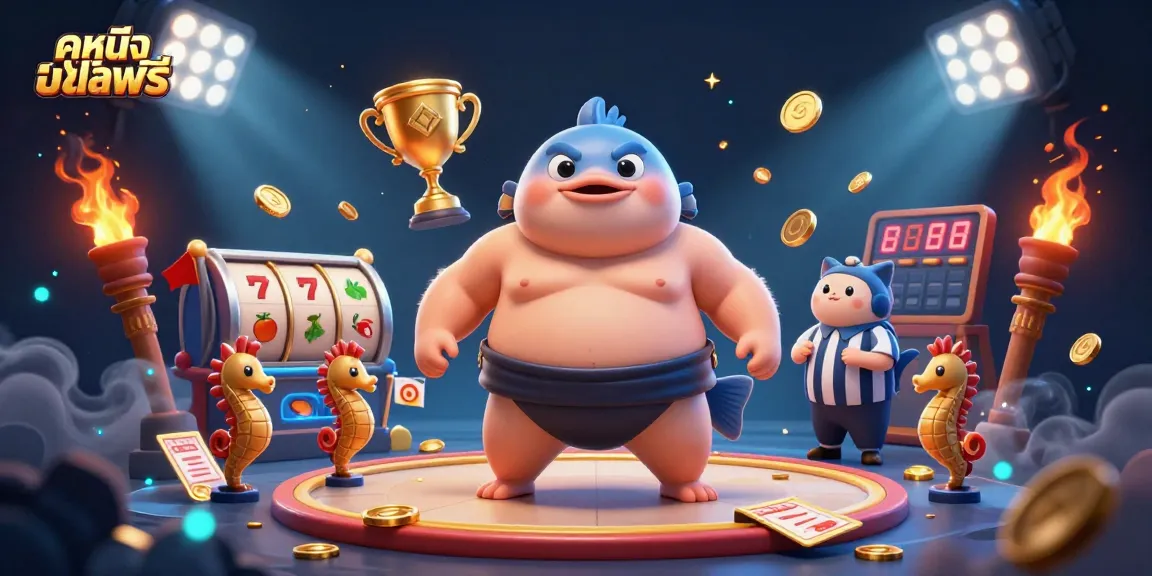 Engaging scene showcasing ดูหนังออนไลน์ฟรี with a fugu ring champion, seahorse fans, and vibrant slot elements.