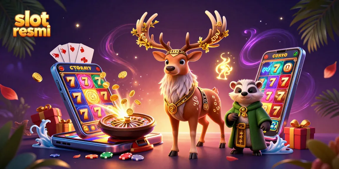 Engage with slot resmi through a vibrant illustration of a druid stag and badger amidst exciting gaming elements.