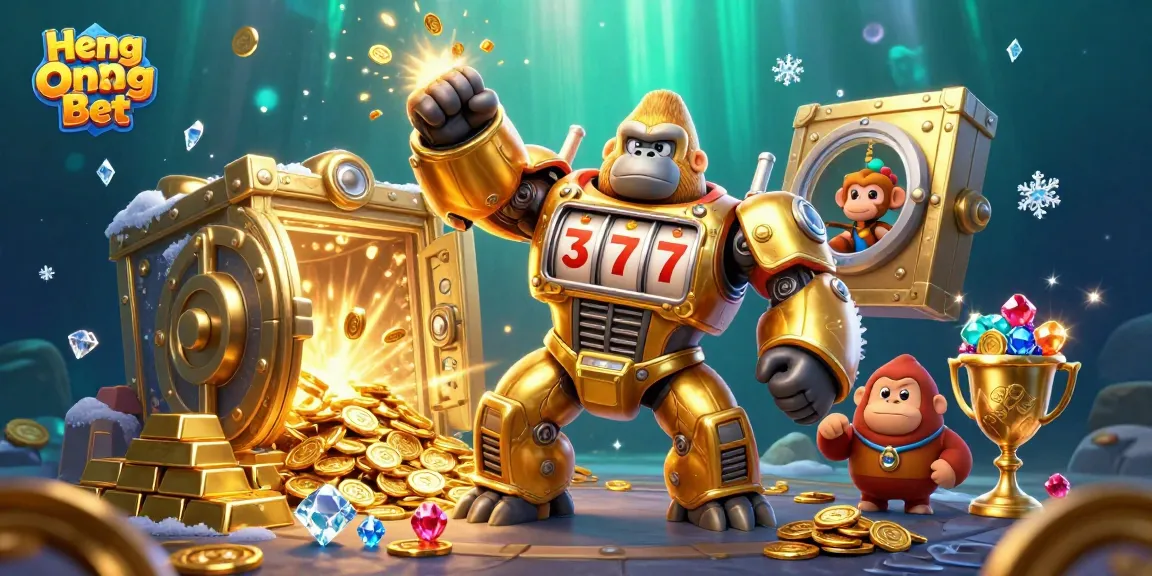 Join the excitement at Heng Ong Bet with a dynamic illustration of a golden gorilla mech amidst treasures and casino elements.