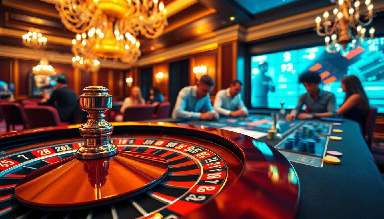 Situs toto memperlihatkan meja kasino yang mewah dengan pemain penuh semangat dan chip berwarnanya.