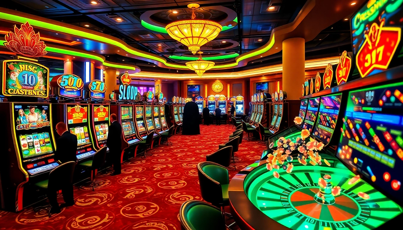 Players enjoying slot gacor machines in a vibrant casino atmosphere filled with excitement.