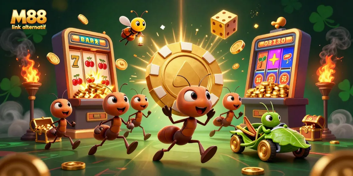 Engage in the thrilling M88 link alternatif adventure with a vibrant 3D illustration of ants carrying a giant poker chip.