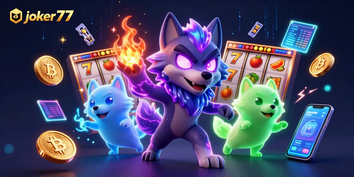 Experience action-packed slot gaming with joker77's vibrant casino illustration showcasing ghostly wolf characters.