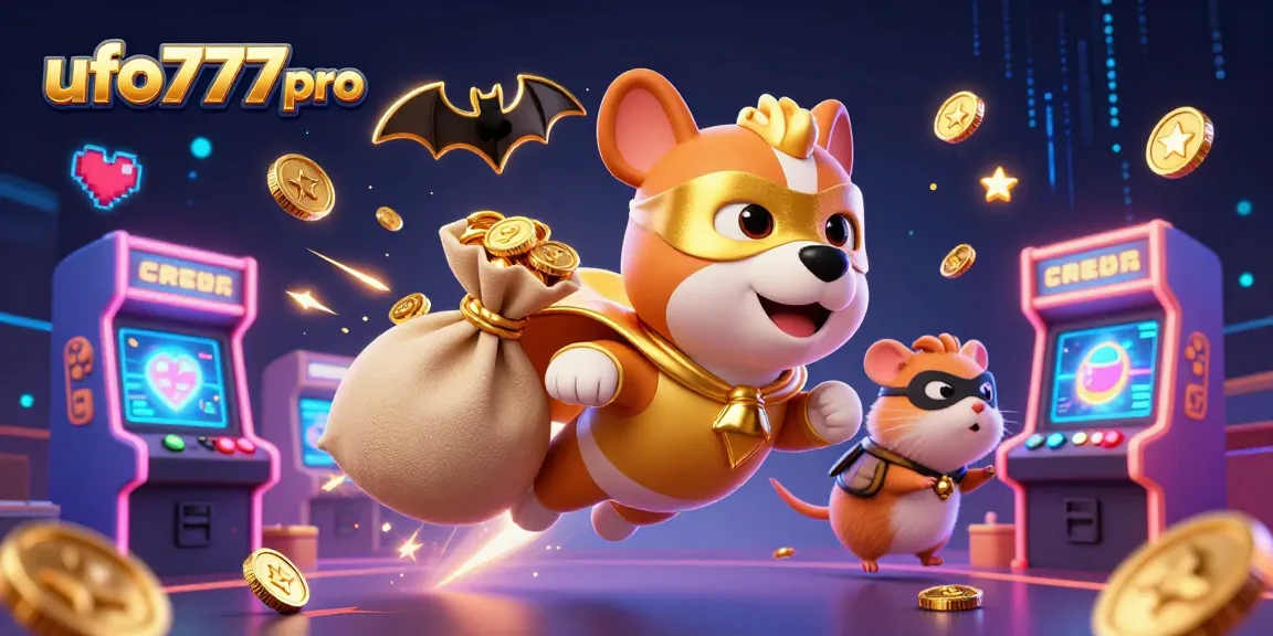 Spin to win with ufo777 pro as a cartoon superhero dog battles through colorful casino-themed elements in 3D.