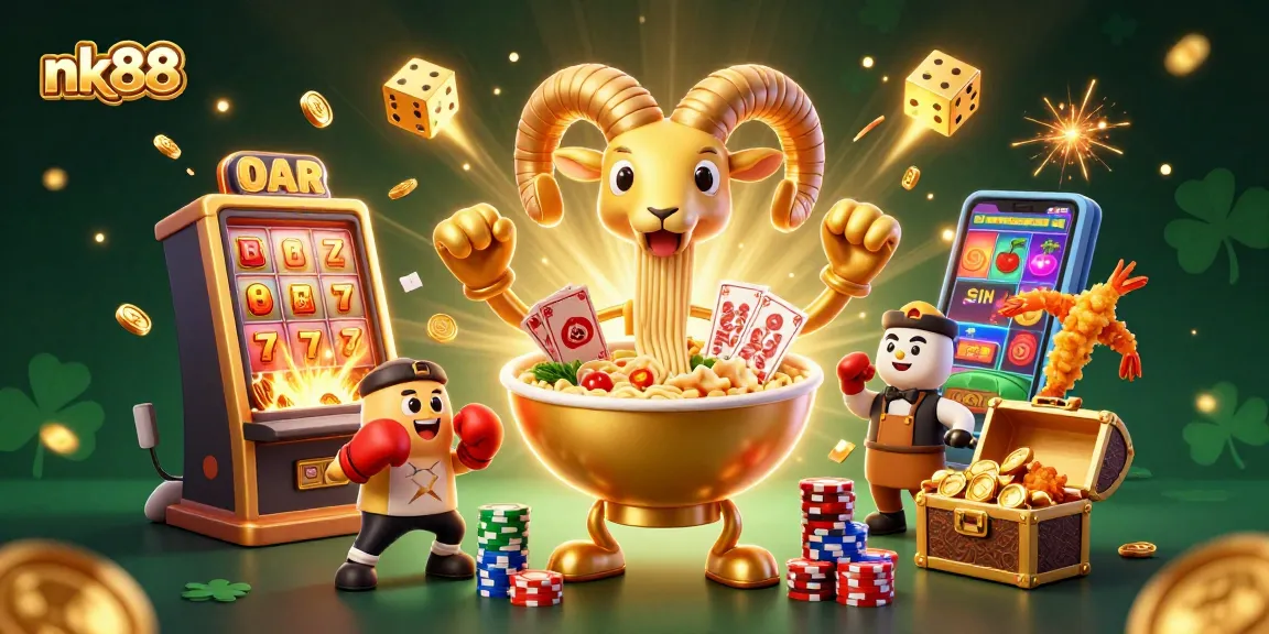 Experience nk88’s vibrant casino world with a dynamic illustration showcasing gaming excitement.