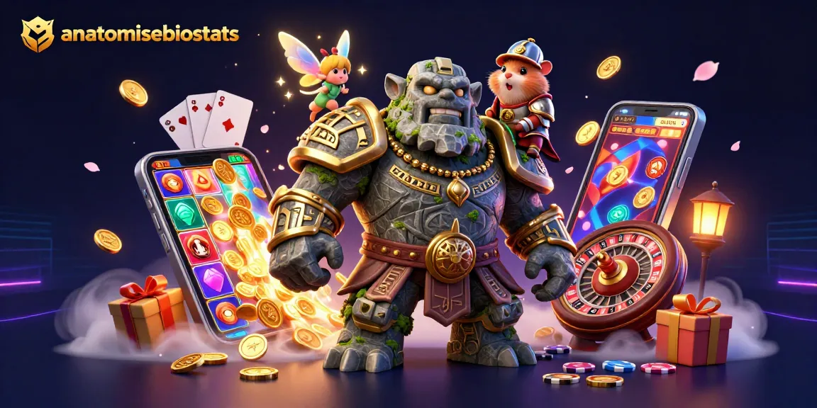Engage in thrilling gaming experiences with anatomisebiostats as a vibrant scene unfolds around a golem guardian and magical companions.