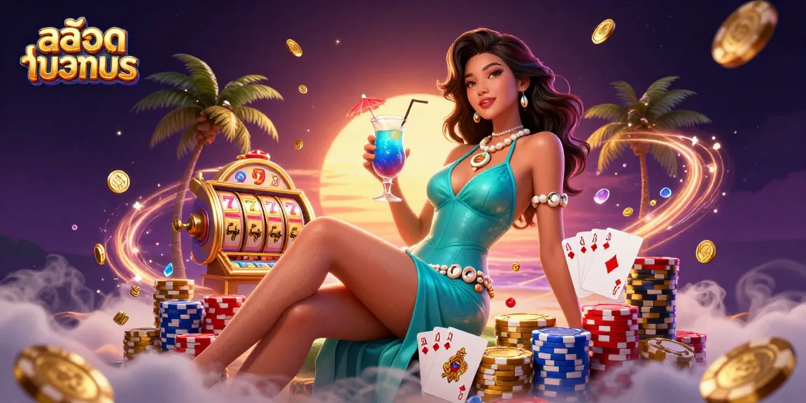 Experience the thrill of สล็อตทดลอง with vibrant casino elements in an enchanting tropical setting.
