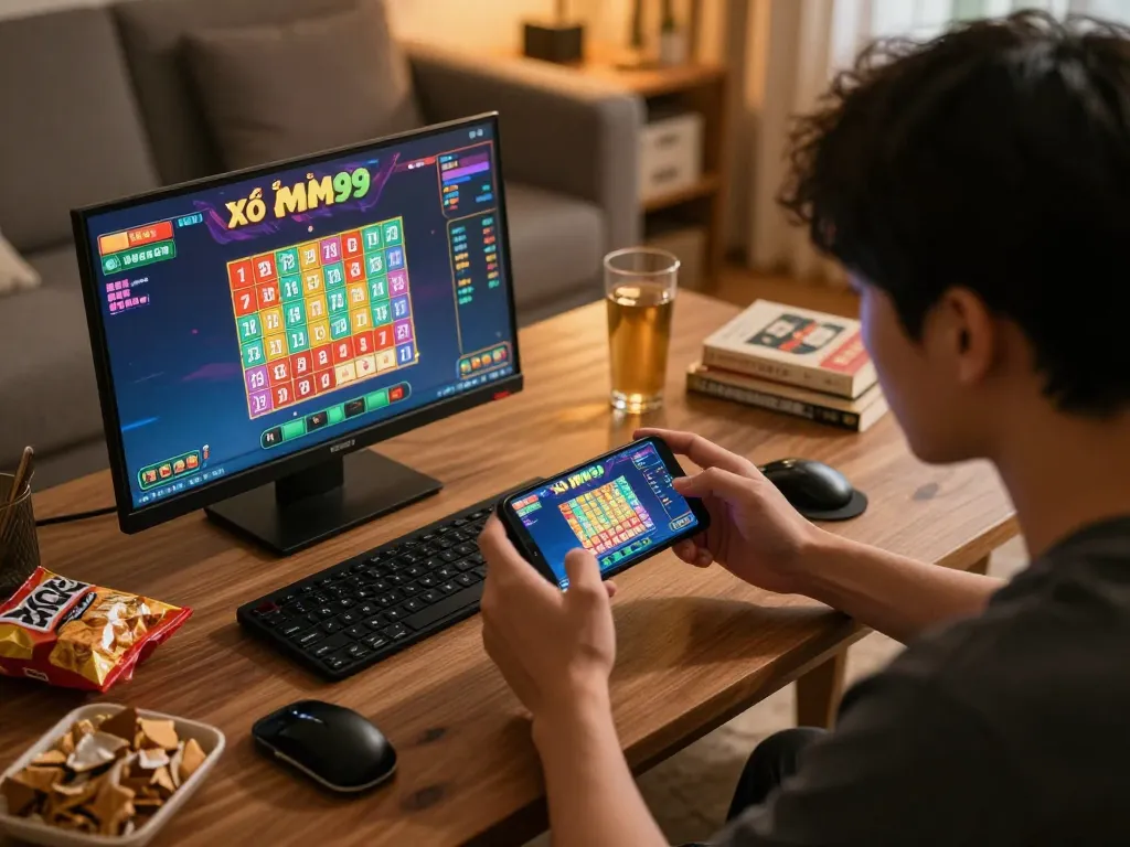 Xổ Số MM99 player enjoying a lottery game on their smartphone in a cozy home setting.