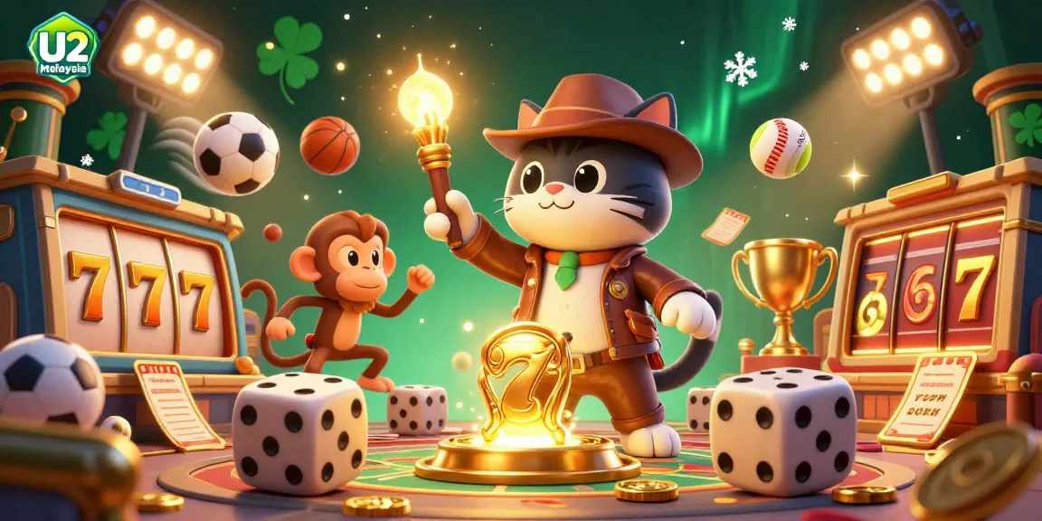 Engage with thrilling gameplay at U2 Malaysia featuring a cartoon archaeologist cat exploring a golden casino.