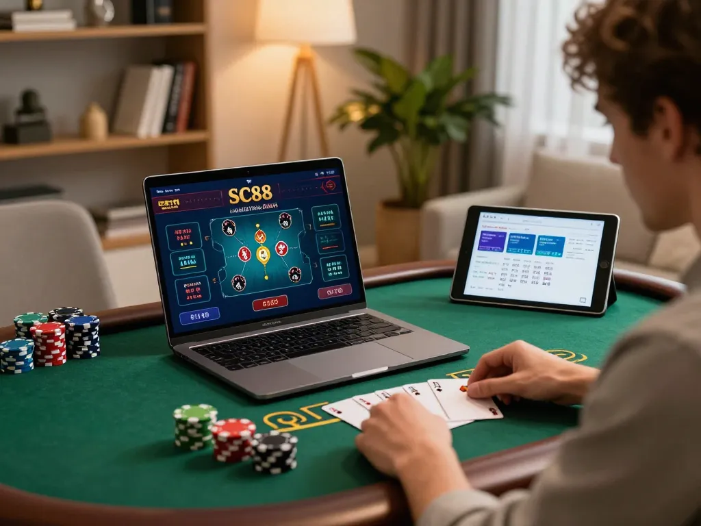 Player experiencing high-energy baccarat gameplay on SC88 in a cozy home setup.