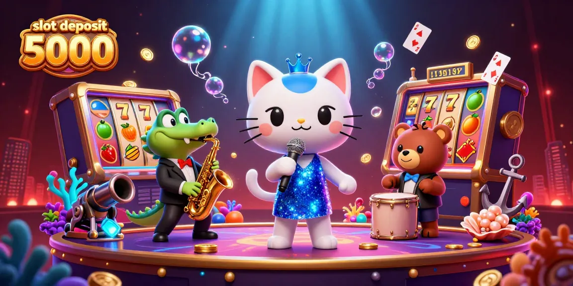Win big with slot deposit 5000 amidst vibrant casino characters and dynamic game elements.