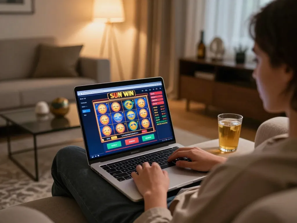 Engaging session at sun win online casino with a player enjoying colorful slots on a laptop.