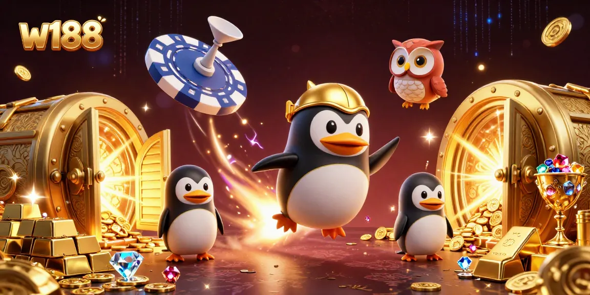 w188 unleashes excitement with a golden penguin soaring beyond a casino chip in vibrant illustration.