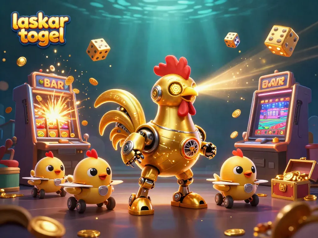 Engage with laskar togel's vibrant casino action showcasing a golden rooster robot amidst a jackpot explosion.
