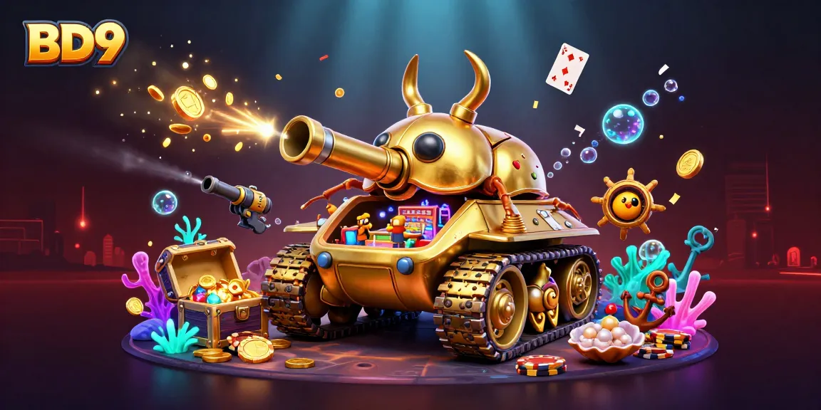 Experience BD9 online gaming in a vibrant 3D casino scene filled with excitement and treasures.