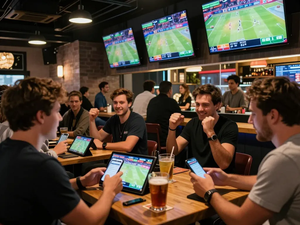 Excited bettors placing bets on xx 88 at a modern sports bar during live games.