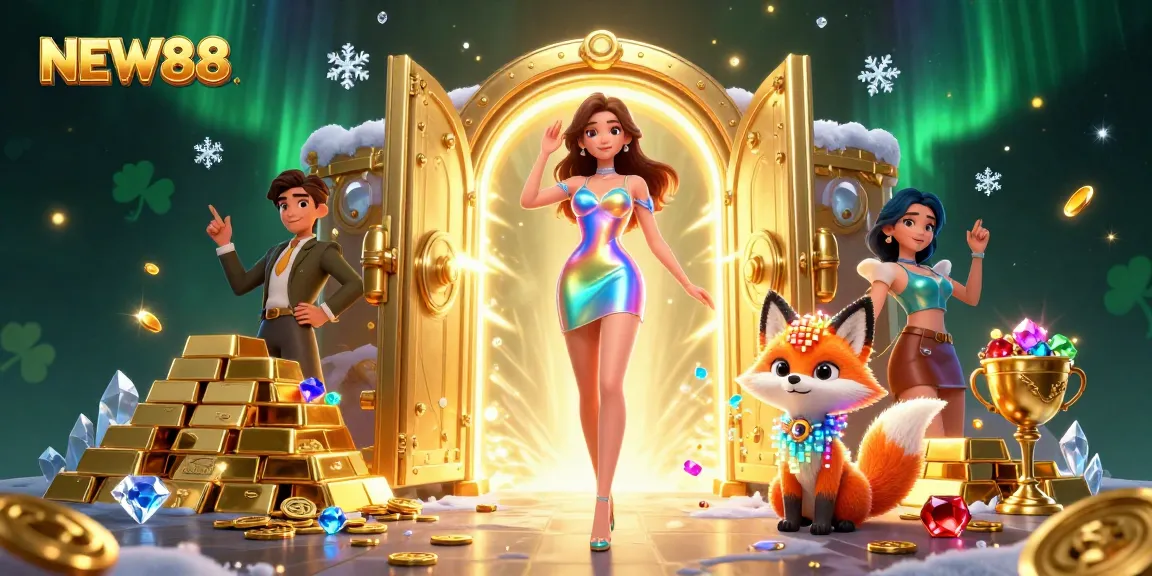 Win big at NEW88 with vibrant casino elements and stunning graphics highlighting gaming excitement.