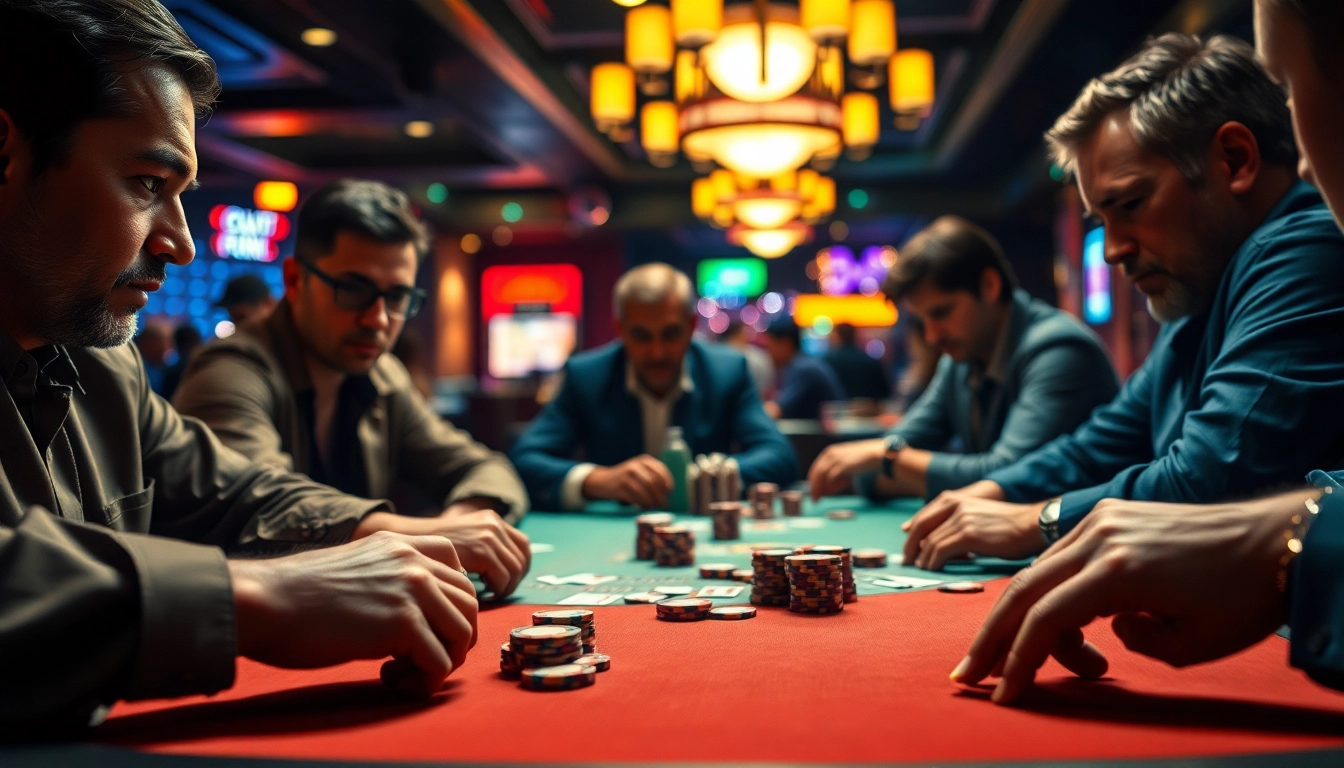 Engaging poker game with players focused on their cards at a vibrant casino table.