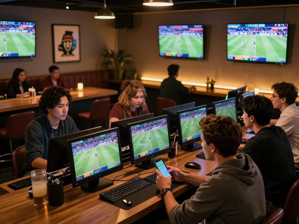 22bet user placing a bet on a smartphone while watching live sports in a vibrant betting venue.