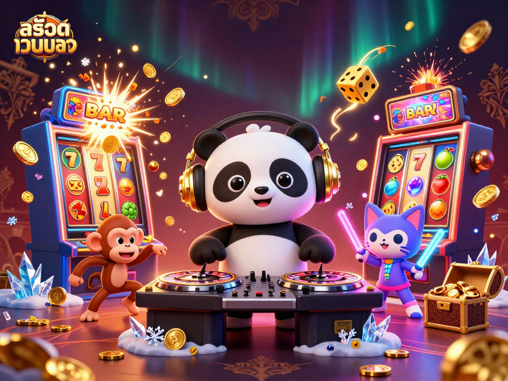 Engage with สล็อตเว็บตรง through a vibrant 3D illustration featuring a DJ panda, breakdancing monkey, and glow-stick kitten.
