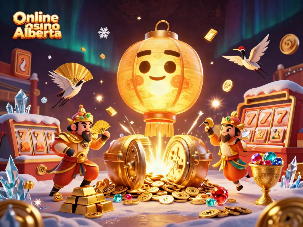 Experience the excitement of Online Casino Alberta with a dynamic scene featuring slots, treasures, and characters.