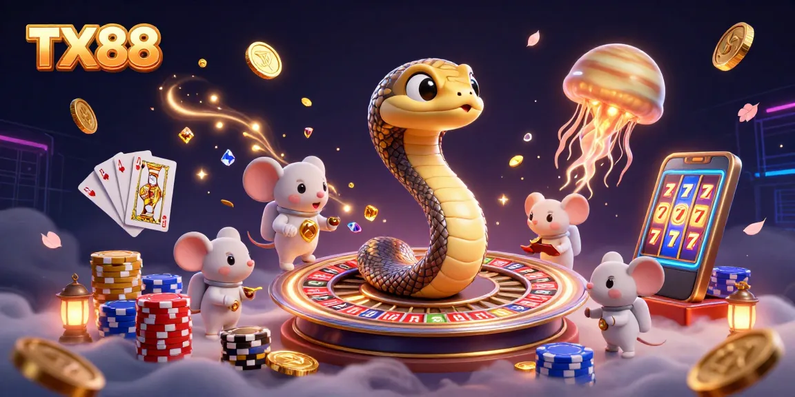 Win big at TX88 casino with animated characters and vibrant game elements in a cosmic gambling scene