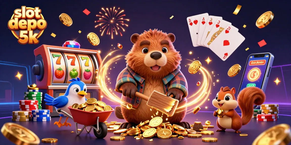 Spin to win at slot depo 5k with golden coins raining from a beaver's tree in this vibrant casino scene.