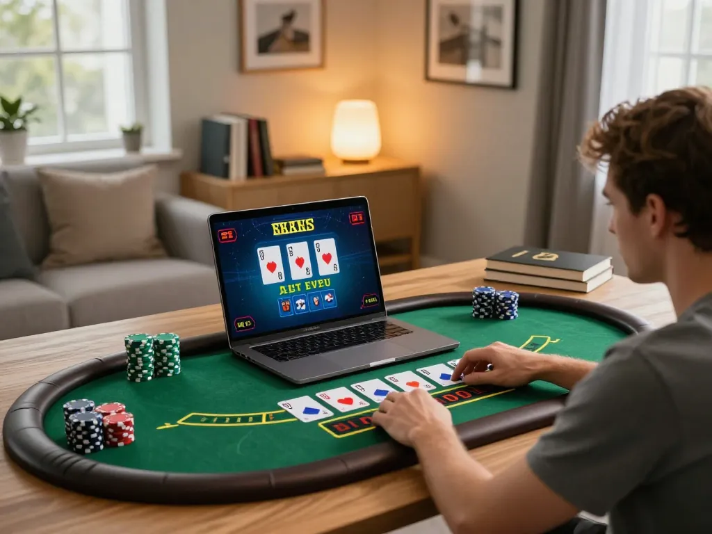 Player analyzing blackjack strategy using SC88's online casino interface in a cozy home office setting
