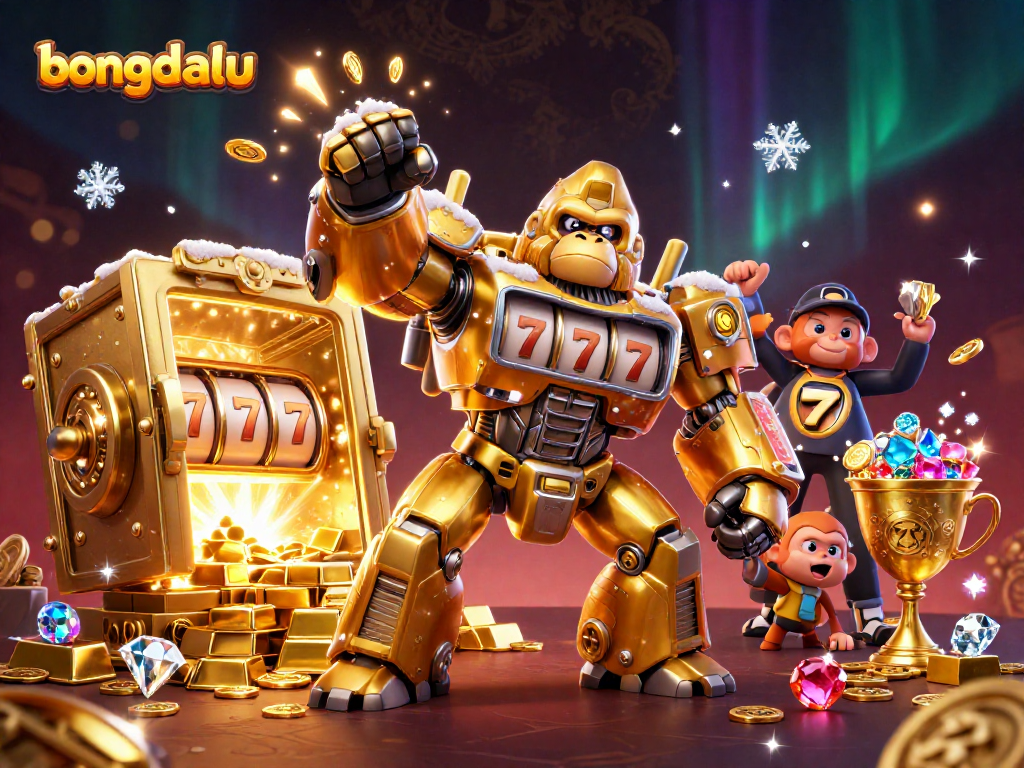 Bongdalu features an ultra-detailed golden gorilla mech amid spinning slot machines, with coins and treasures bursting around.