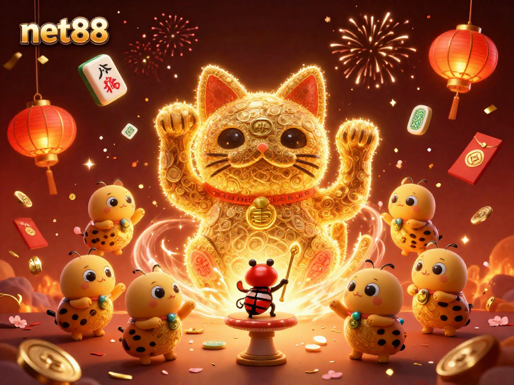 Join the excitement with net88 as glowing golden fireflies and a lucky cat depict a vibrant casino scene.