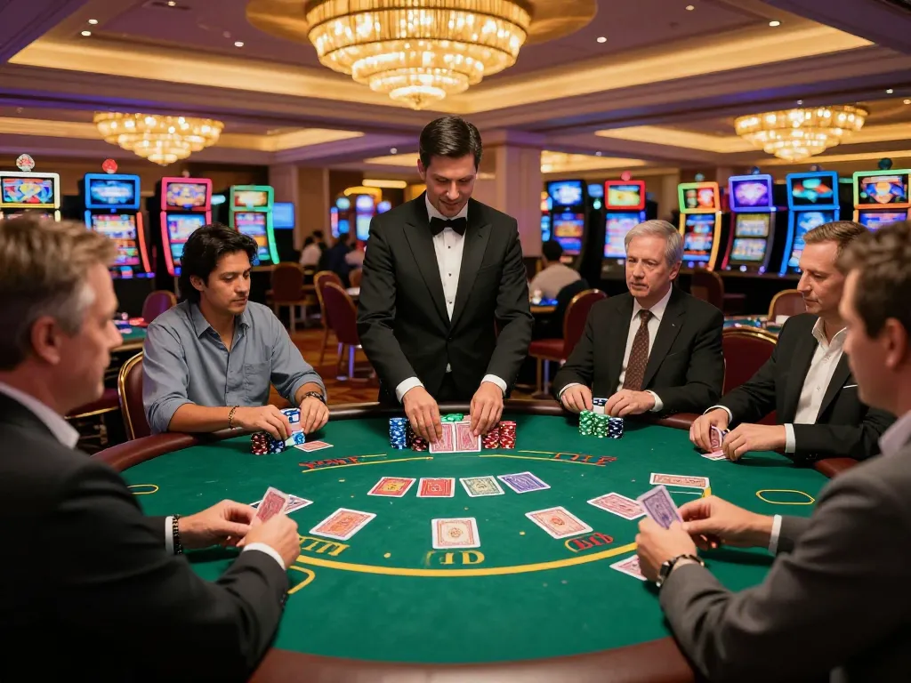 Gameradar players calculating strategies at an upscale blackjack table in Las Vegas casino