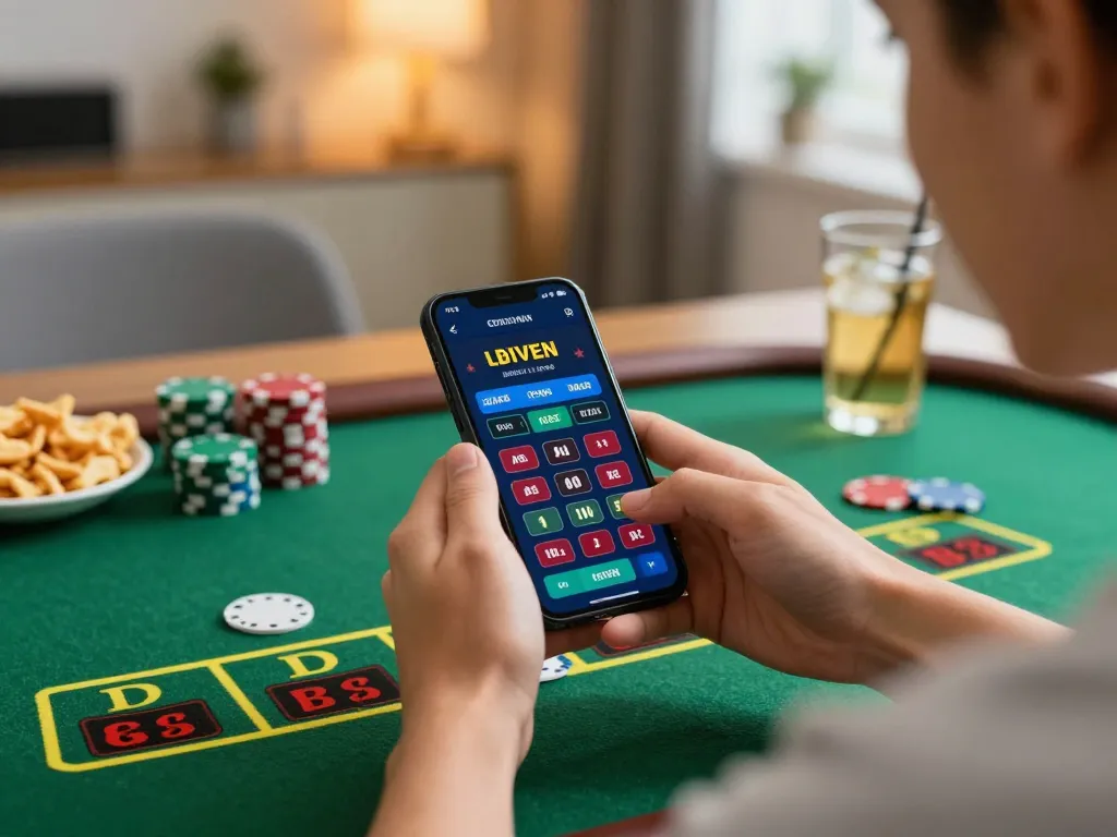 Engaged player enjoying house edge at nhà cái cm88's live blackjack on smartphone in cozy home.