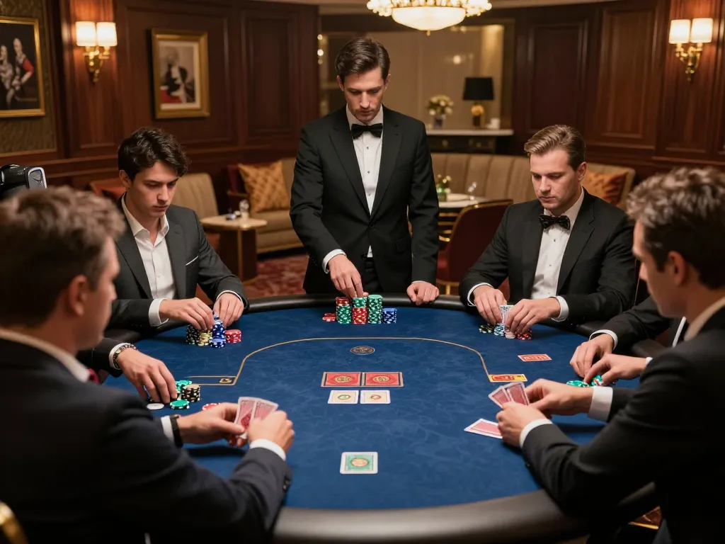 BONGDALU players strategizing at an elegant poker table in a high-stakes game atmosphere.