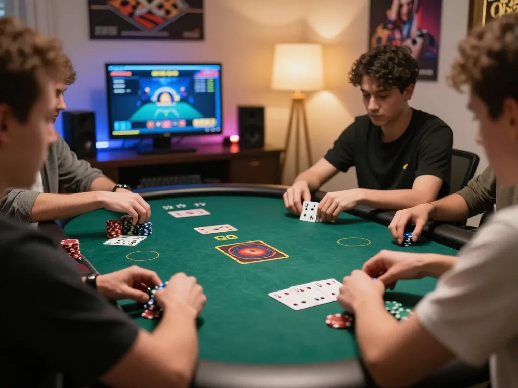 Engaged players enjoying Poker Online Domino QQ in an energetic online gaming setup with chips and cards.