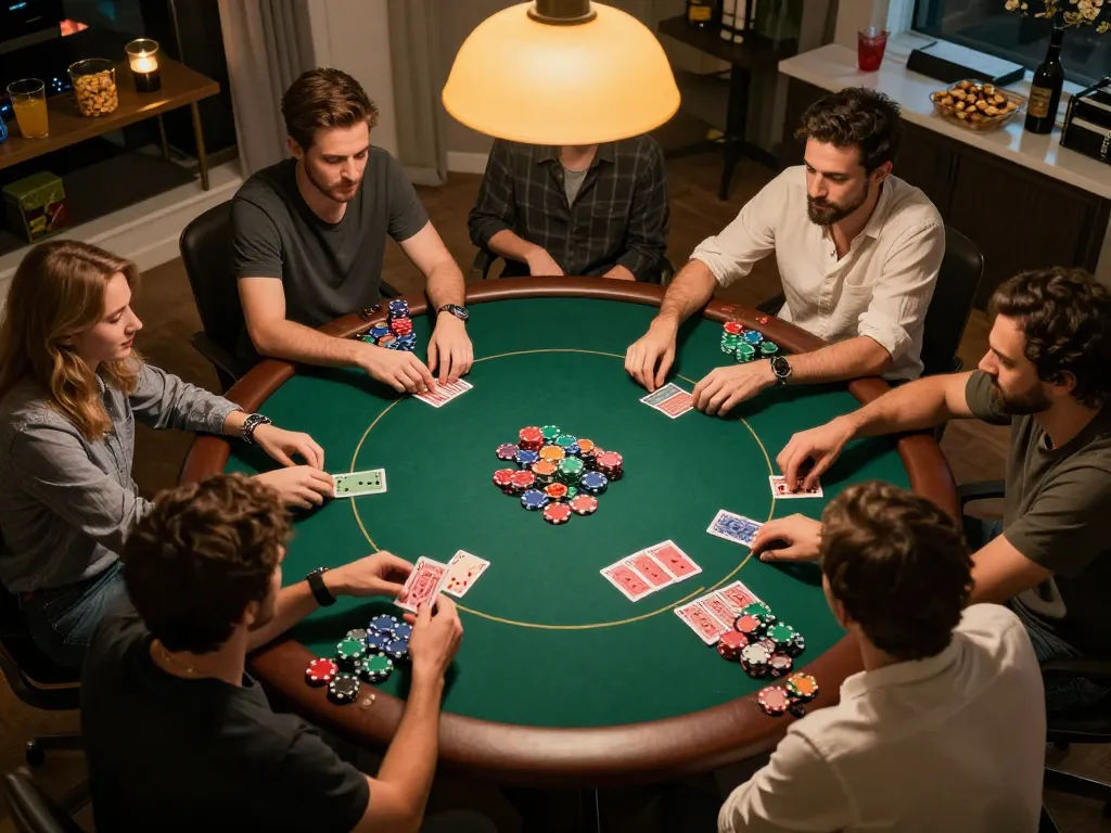 Engaged players enjoy a thrilling Texas Hold'em game during a home poker night, emphasizing the fun of ดูหนังใหม่.