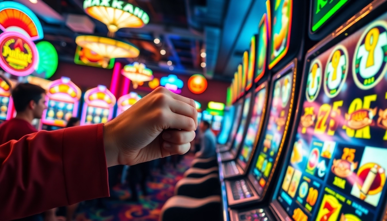 Slot Game dengan mesin slot berwarna-warni dan pemain bersenang-senang di kasino.