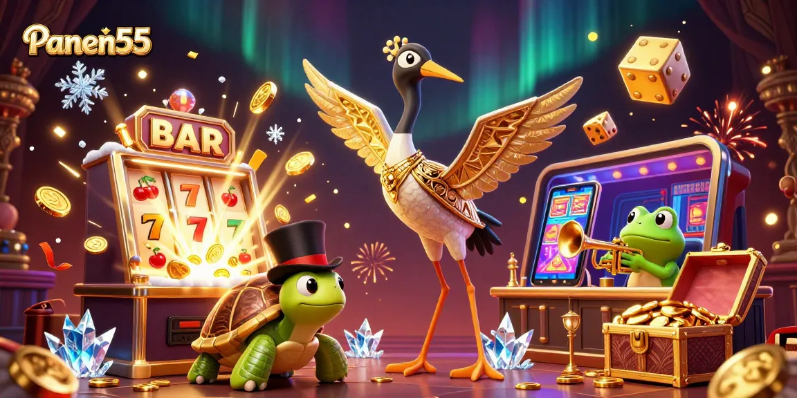 Experience the excitement of Panen55 at a glamorous speakeasy casino scene with vibrant characters and game elements.