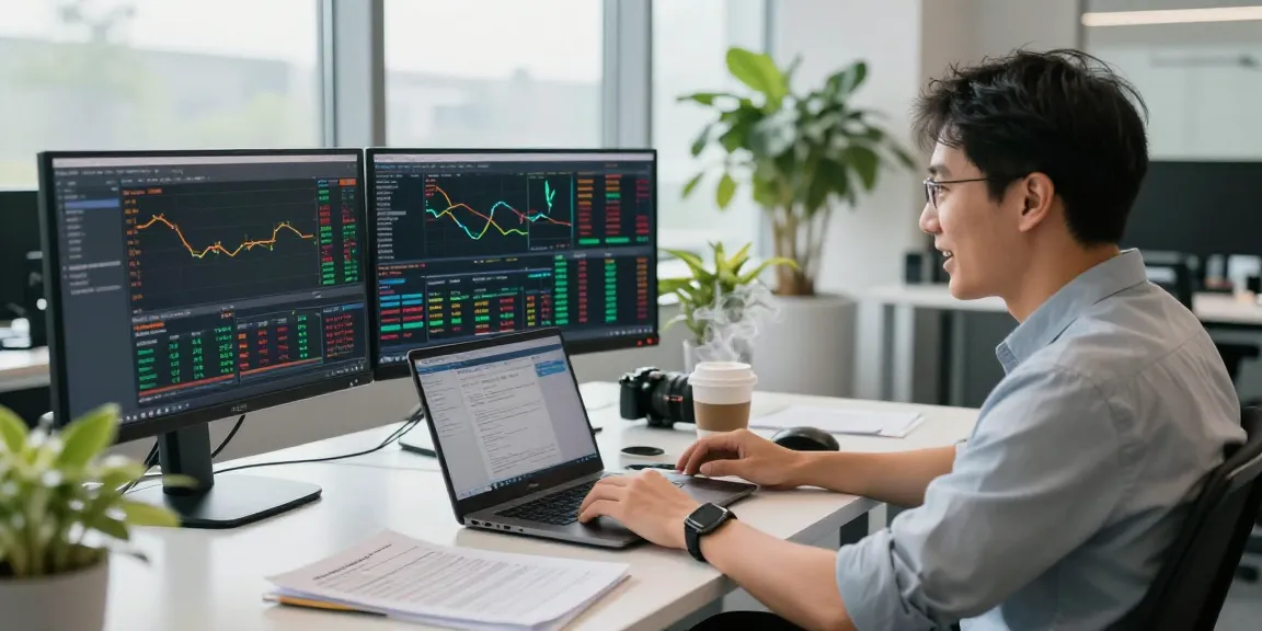 Seorang trader kakak judi aktif di kantor modern dengan data trading di layar.
