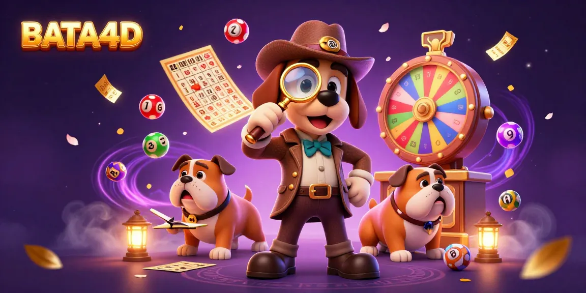 BATA4D menampilkan detektif kartun yang memeriksa chip poker emas sambil dikelilingi bola lotre berwarna-warni.
