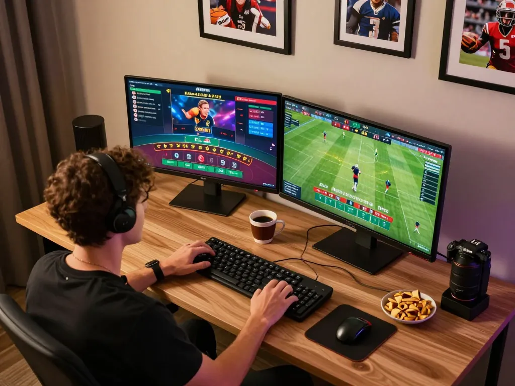 Engaged player using the 33win app for live dealer blackjack in a modern home setup