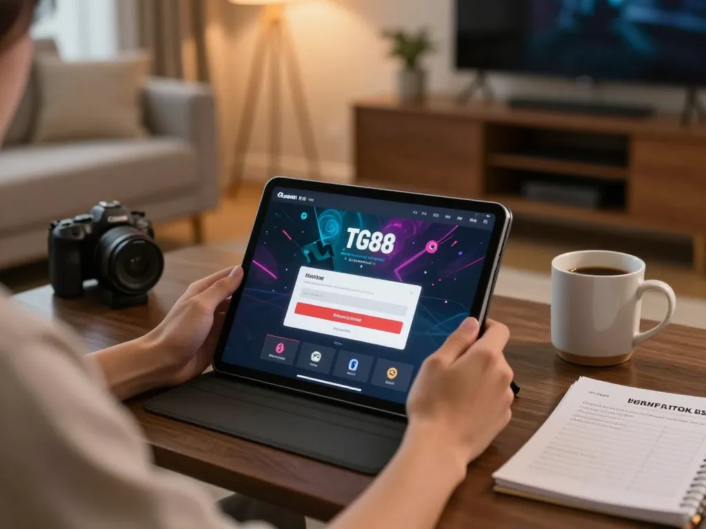 Engaging in tg88 đăng nhập on a tablet in a cozy home setting, showcasing strategic gaming
