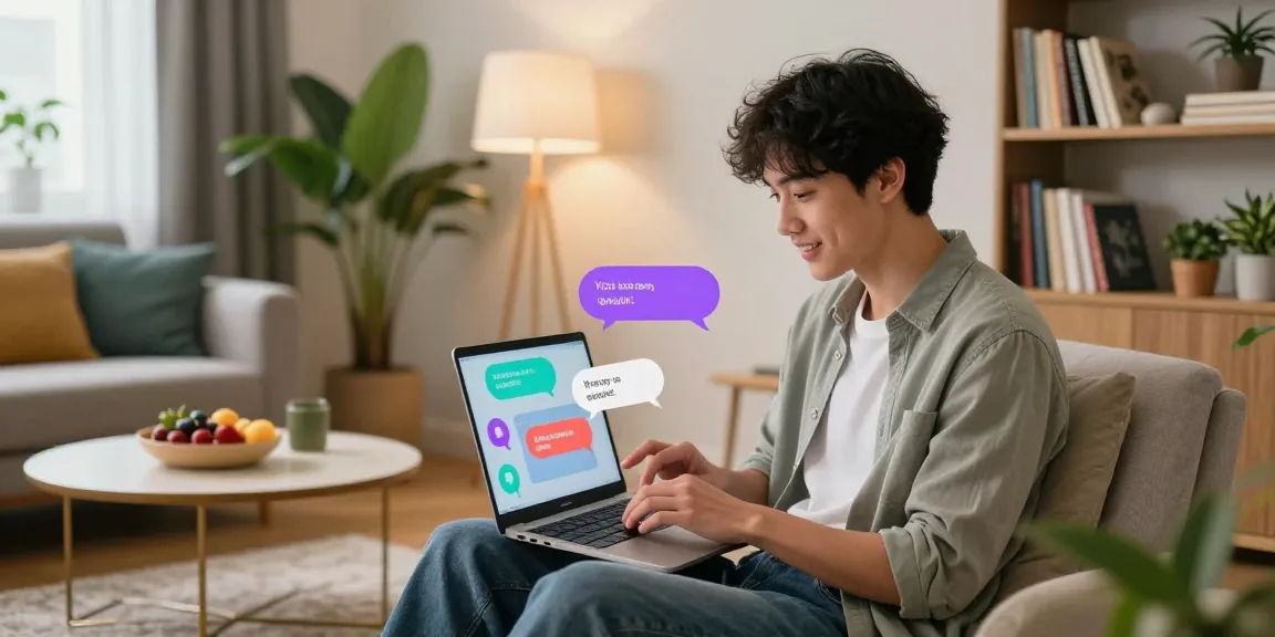 User engaging with a spicy chat AI on a modern laptop in a cozy home environment, surrounded by vibrant decor and a warm atmosphere.