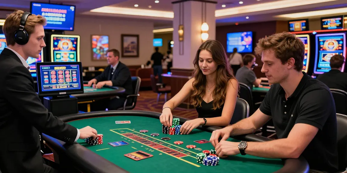 Players enjoying live dealer games at the best credit card casinos, dynamic casino atmosphere with modern decor.