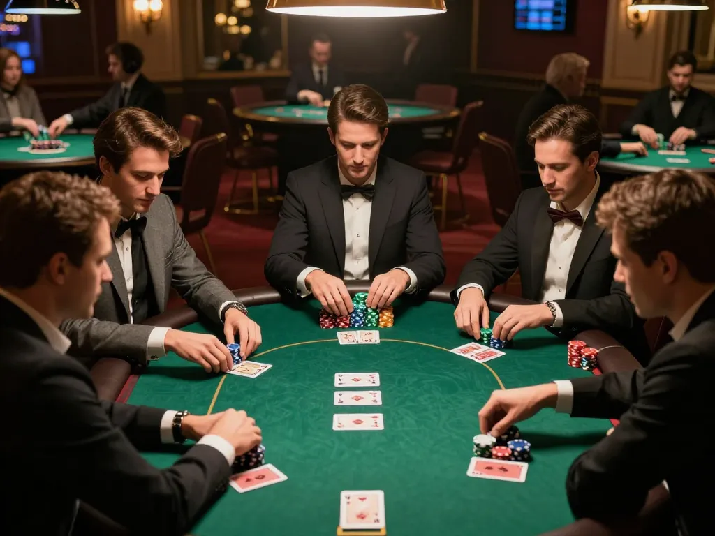 Players enjoying a thrilling poker game on ok365 com in a luxurious casino setting.